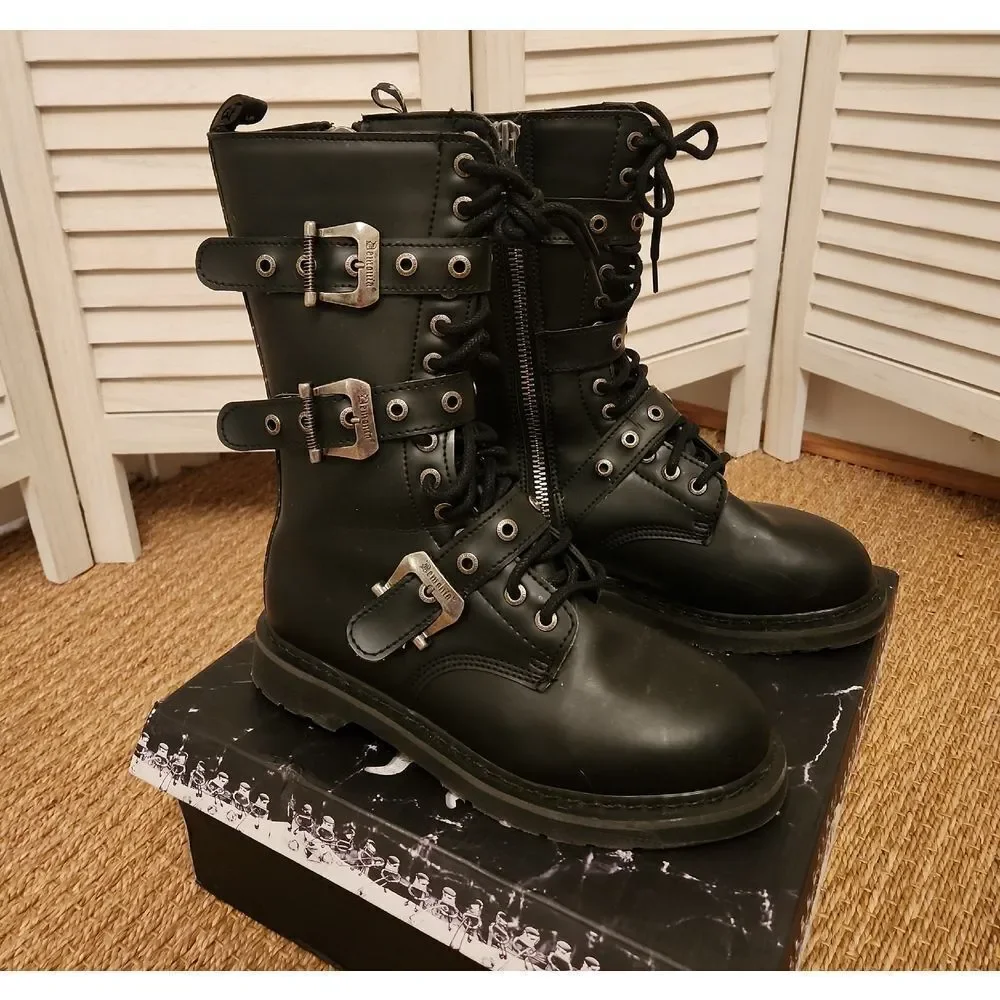 Demonia Black Combat Boots with Silver Buckles BOLT330/BLV Size 11 NWT